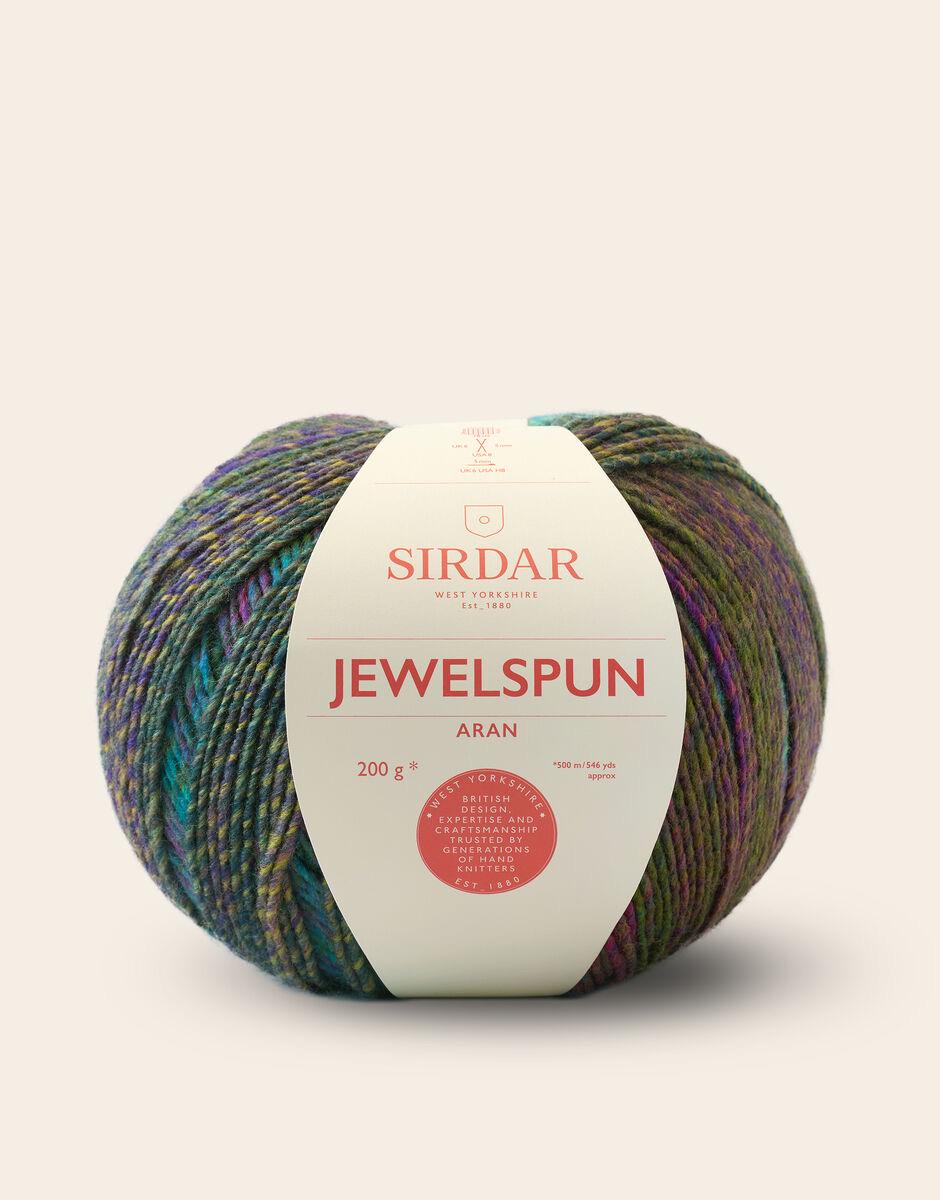 Sirdar Jewelspun Aran 200g in 852 Evening Jade, 854 Turquoise Sky, 855 Sunstone Amber and 694 Crystal Quartz