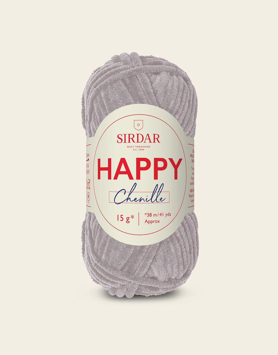 Sirdar Happy Chenille Yarn in frothy 10, hefalump 12, bon bon 17,  fairy dust 19, duckling 14, cheeky 15, mermaid 16, fluffy 11 and fuzzy 13