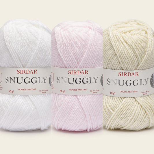 Sirdar Snuggly Double Knitting Yarn F075 50g in 344 Oatmeal, 251 White and 302 Pearly Pink.