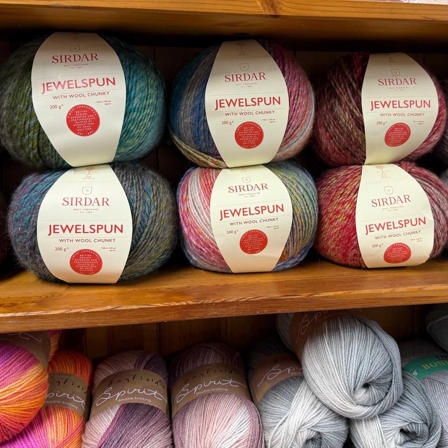 Sirdar Jewelspun with Wool 200g in 201 Emerald, 203 Mother of Pearl, Crystal Sea and 208 Sea Anemone