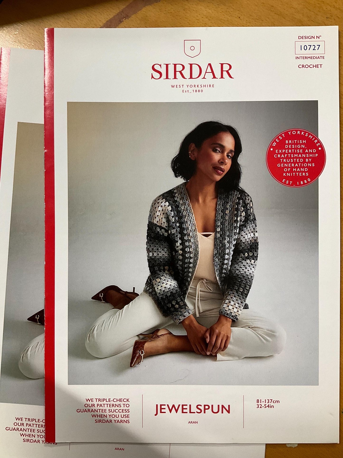Sirdar Jewelspun Aran Knitting Patterns styles 10718, 10719, 10720, 10727 and 10729. Cardigan patterns, Snood pattern.