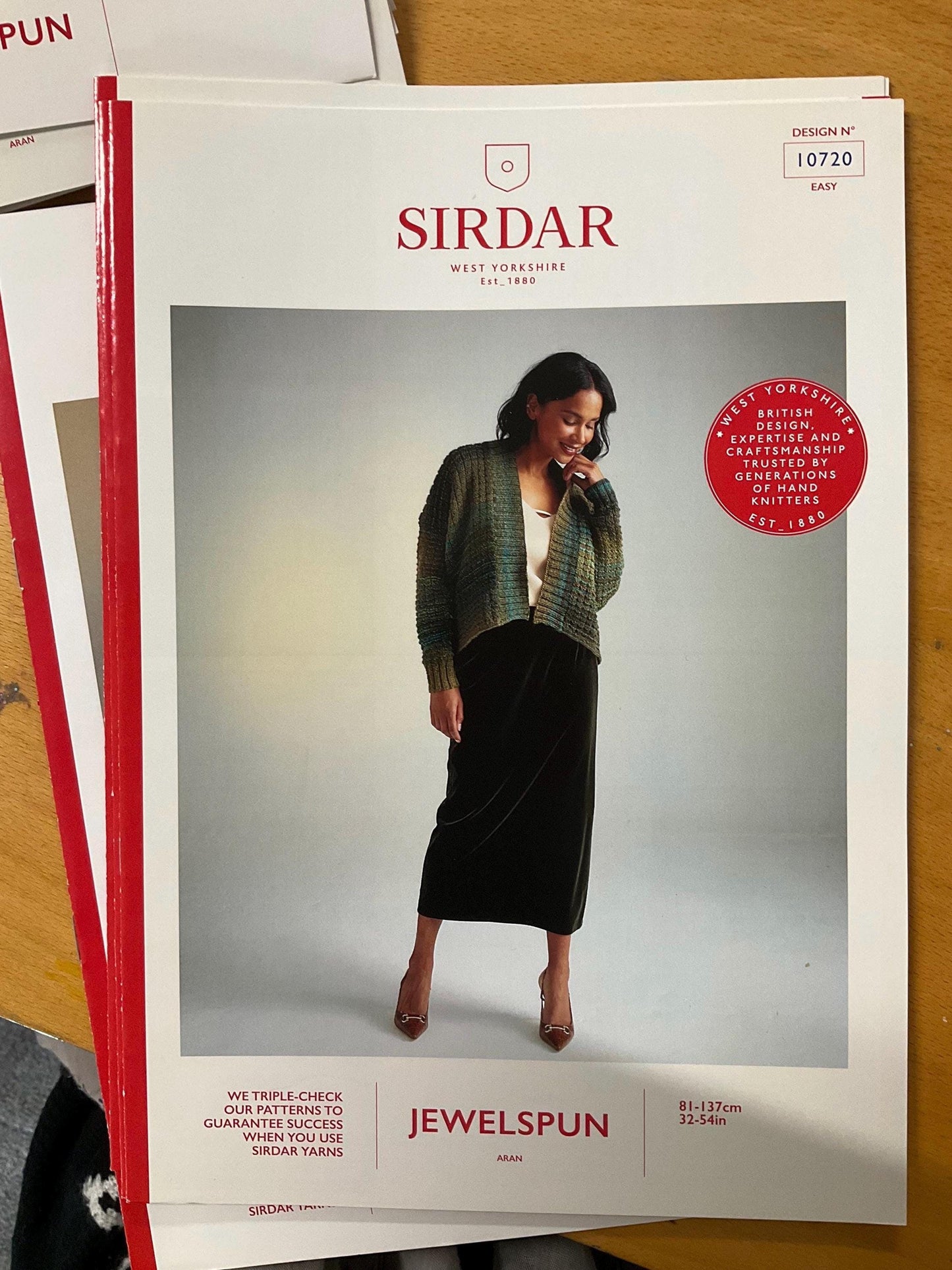 Sirdar Jewelspun Aran Knitting Patterns styles 10718, 10719, 10720, 10727 and 10729. Cardigan patterns, Snood pattern.