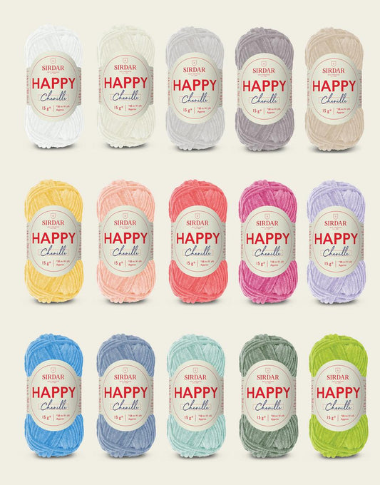 Sirdar Happy Chenille Yarn in frothy 10, hefalump 12, bon bon 17,  fairy dust 19, duckling 14, cheeky 15, mermaid 16, fluffy 11 and fuzzy 13