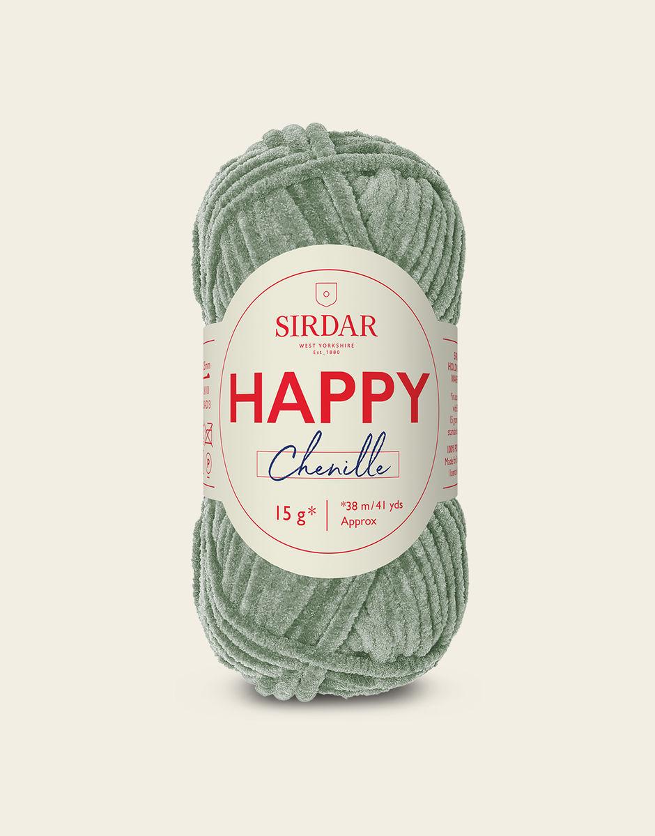 Sirdar Happy Chenille Yarn in splash 26, sparkler 25, party 24, picnic 27, white 21, mossy 23, fizzy 29 and teddy 28