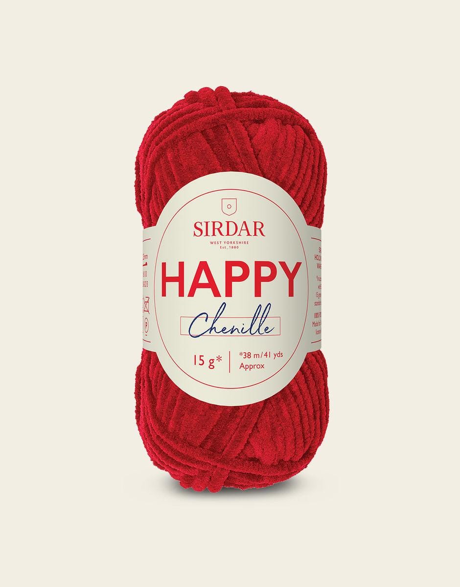 Sirdar Happy Chenille Yarn in tutti frutti 32, surfs up 30, red 34, lollipop 31, queenie 33 and twinkle 18.