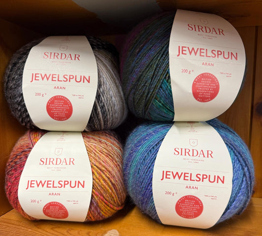 Sirdar Jewelspun Aran 200g in 852 Evening Jade, 854 Turquoise Sky, 855 Sunstone Amber and 694 Crystal Quartz