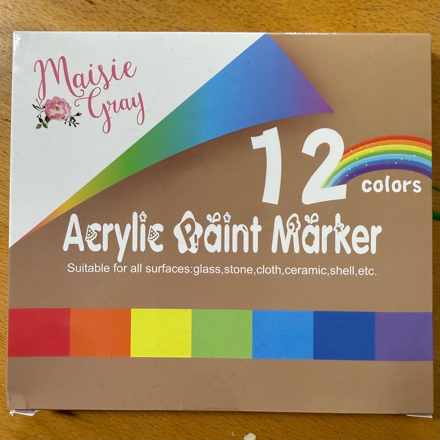Maisie Gray Acrylic Paint Markers 12 colours. Suitable for glass, stone, ceramic and shell etc.