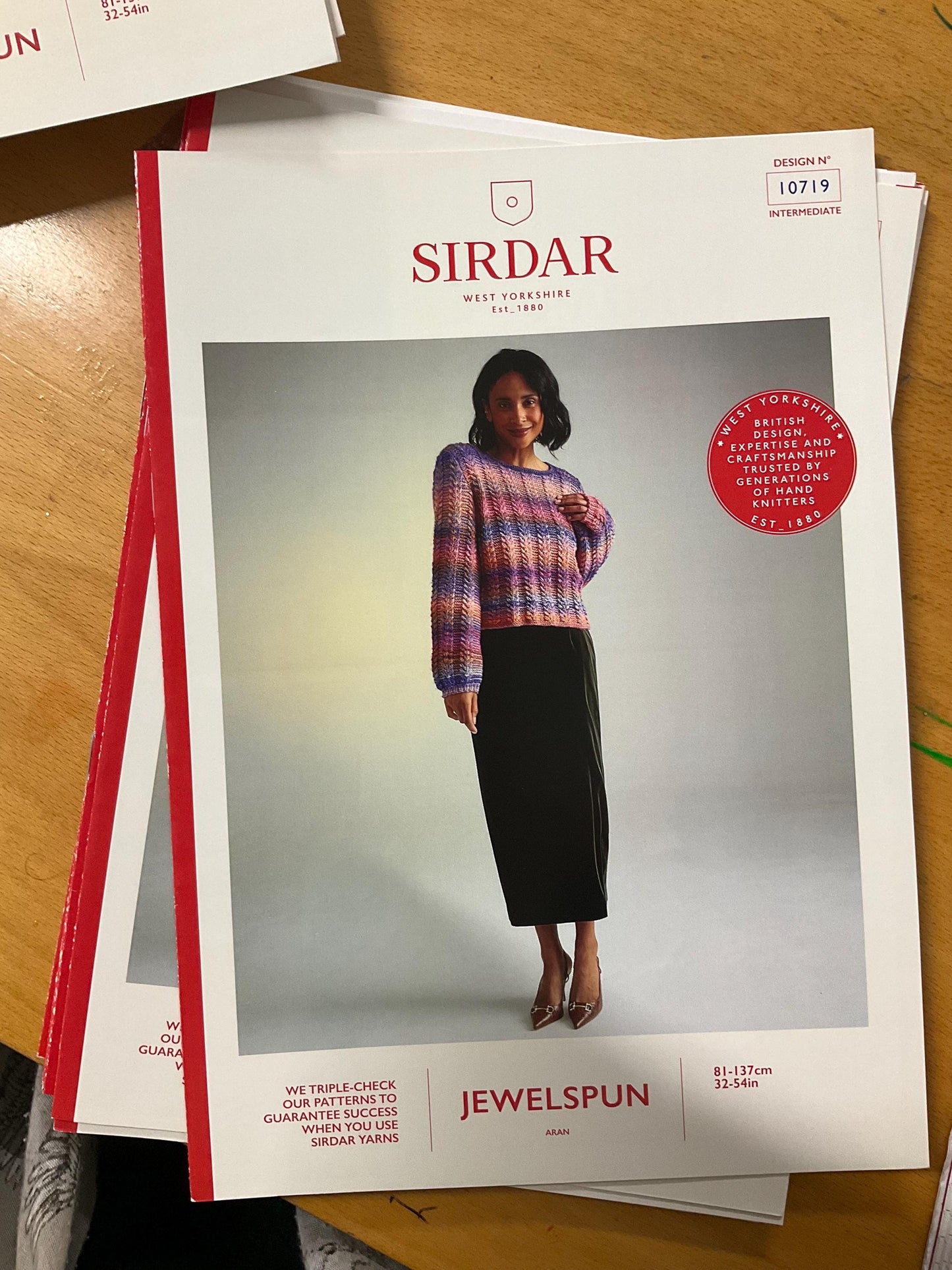 Sirdar Jewelspun Aran Knitting Patterns styles 10718, 10719, 10720, 10727 and 10729. Cardigan patterns, Snood pattern.