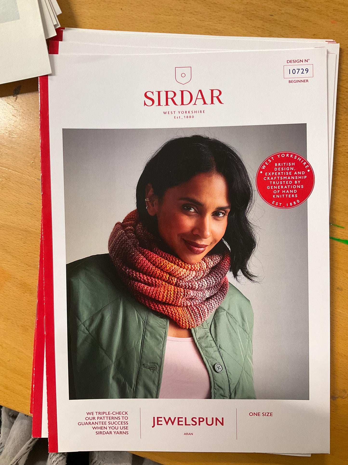 Sirdar Jewelspun Aran Knitting Patterns styles 10718, 10719, 10720, 10727 and 10729. Cardigan patterns, Snood pattern.